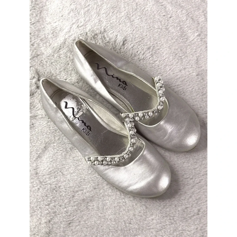 Nina Shoe Girls 2 Nataly Silver Nappa Leather Ballet Flat Dressy Metalic Pearl
